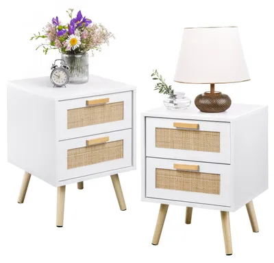 Nachtkästchen-Set 2er mit Rotan-Schubladen, Holz, Weiß
