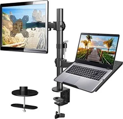 Zdjęcie produktu dla Ramię do monitora z półką na laptopa, przeznaczone do ekranów o przekątnej od 13 do 32 cali oraz notebooków 17-calowych; uchwyt do monitora i laptopa; ramię do monitora z mocowaniem biurkowym, kompatybilne z VESA 75/100