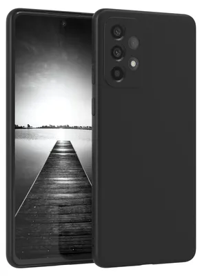 A black smartphone case is shown in front of a black background. The phone screen displays a black and white image of a pier extending into a body of water.