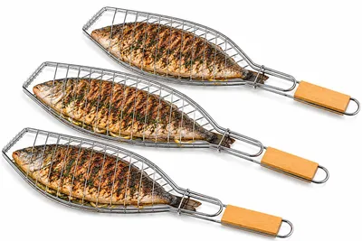 Produktbild von 3er Set Fischbräter Fischkorb Grill 36x15 cm Fischgriller mit Holzgriff Fischhalter Grillzange für Forelle Dorade Lachs Makrele Garnelen Gemüse BBQ Grillzubehör