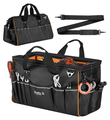 Image de Sac à outils SucceBuy, 51x25x28 cm, sac de rangement avec 14 compartiments intérieurs et 19 compartiments extérieurs, organisateur d'outils en polyester résistant à l'eau, avec bandoulière et fermeture éclair, idéal pour les bricoleurs et les professionnels