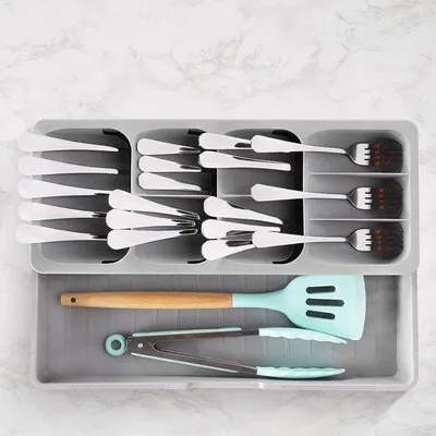 Produktbild von Famanu Besteckorganizer für Schublade - Ausziehbar, Kunststoff, Grau - 405 x 165 x 60 mm
