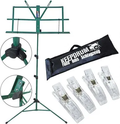 Image de keepdrum MUS2GR Pupitre à musique vert avec 4 pinces à musique