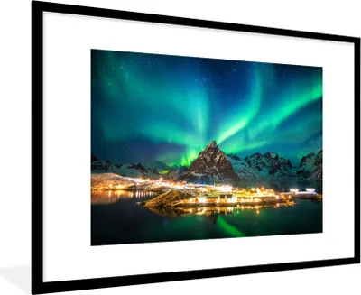 Produktbild von MuchoWow® MuchoWow® Gerahmtes Poster Nordlicht - Lichter - Berg - Norwegen 90x60 cm - Poster mit zchwarzem Bilderrahmen - Wanddekoration - Fotos