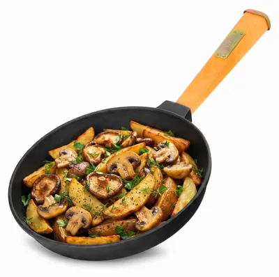 Produktbild von Ø24cm Pfanne aus Gusseisen mit Holzgriff abschraubbar 50 mm hoch Gusseisenpfanne Bratpfanne Steakpfannen Cast Iron Pan Feuerpfanne geeignet für Gasgrill Backofen Feuerstelle alle Herdarten Induktion