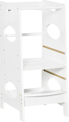 Produktbild von HOMCOM Lernturm aus Holz für Kinder, Kinderküchenhocker mit Pedal, höhenverstellbar in 3 Positionen und Sicherheitsbügel, 40 x 50 x 90 cm, Weiß