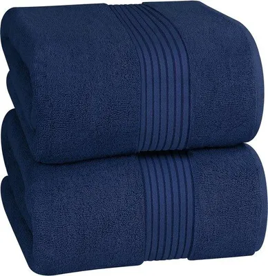 Obrázok produktu pre Uniqoos® Sada 2 ultrajemných osuškových uterákov – 90 x 180 cm, 100% česanej, prstencovo spletenej bavlny, tmavomodrej farby, s vysokou savosťou a pútkami na zavesenie