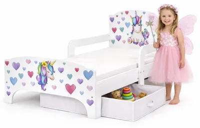 Produktbild von Bayagu Kinderbett 140x70cm Weiß Matratze Schublade Rausfallschutz Einhorn