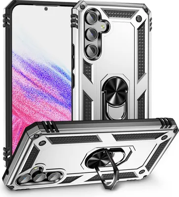 A silver and black rugged phone case with a ring holder, shown from two angles.