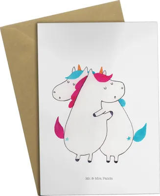 Produktbild von Mr. & Mrs. Panda Grußkarte Einhörner Umarmen - Weiß - Geschenk, Liebe, Schwester, Unicorn, glückwunschkarten, valentinstagskarte, Grußkarten, Schwestern, Familie, Einhorn
