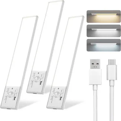 Zdjęcie produktu dla 12-calowa lampa z czujnikiem ruchu, lampa z akumulatorem USB 1800 mAh, lampy LED z regulacją temperatury barwowej (3 tryby), do szaf, szafek, schodów (zestaw 3 szt.)