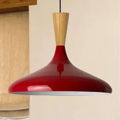 Produktbild von Champion Pendelleuchte Holz, 35 cm Hängelampe Metall E27 Moderne Skandinavisch Pendellampe für Schlafzimmer Wohnzimmer Küche Esstisch Lampe - Rot