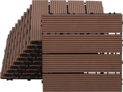 Image de Dalles de terrasse Eikuavons, 7 m² de dalles imitation bois pour terrasse et balcon, dalles de terrasse en bois avec système d'emboîtement, 30 x 30 cm, 77 pièces, marron