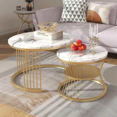 Image de Ensemble de deux tables imbricables - Table basse - Table d'appoint - Ronde - Empilables - Aspect marbre blanc - Structure métallique