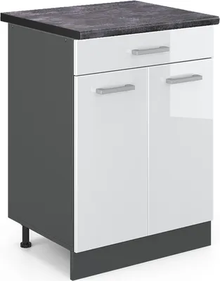 A studio shot of a kitchen base cabinet with a drawer and two doors.