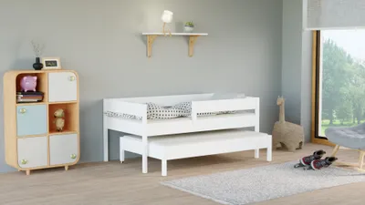 Produktbild von Ausziehbett 'Mareto' 160x80 Kinderbett mit Rausfallschutz & Lattenrost weiß 80 x 160 für Mädchen und Jungen