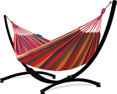 Produktbild von Potenza Outdoor Hängematte mit Gestell für 2 Personen I Baumwolle Doppelhängematte XXL 220x160, 200kg I Schwarz Hängemattengestell 220kg, wetterfest