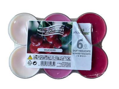 A package of six scented tealight candles with a label showing cherries and product information.