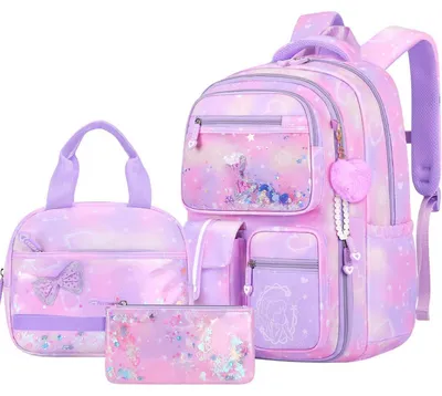 Immagine prodotto di Set di zaino per la scuola, 3 pezzi, per bambine, colore lilla, con astuccio e borsa per il pranzo