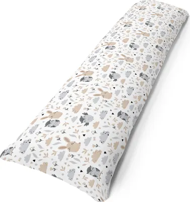 A long, cylindrical pillow with a white background and a pattern of cartoon animals and leaves.
