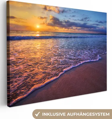 Produktbild von MuchoWow® - Leinwandbilder - Meer - Strand - Sonnenuntergang - Wolken - Horizont, Wandbild, Wanddeko Bilder Wohnzimmer, 80x60cm