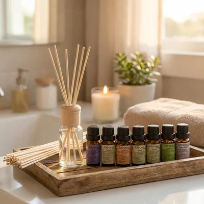 Produktbild von Premium Raumparfüm-Set mit 8 Duftölen je 10ml & 48 Rattan-Stäbchen - Raumduft Diffuser Set mit Meeresbrise, Sandelholz, Lavendel und Minze
