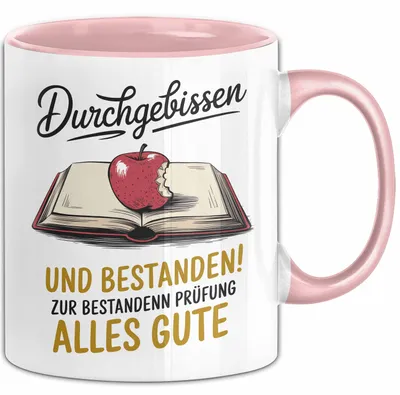 Produktbild von Schüler Abschluss Tasse Geschenk Lustige Geschenkidee Spruch Durchgebissen Und Bestanden (Rosa)