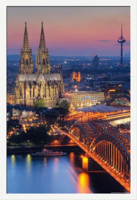 Image de Villes allemandes - Poster - Kölner Dom - Nacht + cadre amovible, Shinsuke® Maxi MDF blanc, vitre acrylique