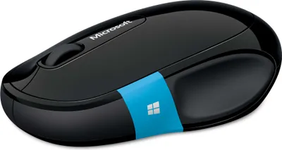 A black Microsoft Sculpt Comfort Mouse with a blue accent band featuring the Windows logo.