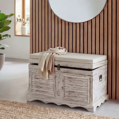 Immagine prodotto di Cassapanca in legno T356, panca portaoggetti, effetto shabby vintage 50x76x45cm ~ bianco