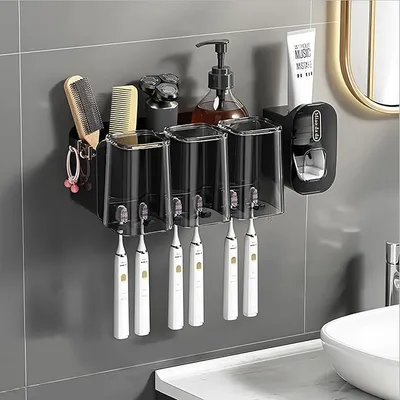 Produktbild von Zahnbürstenhalter Wand, 3 pcs Zahnputzbecher Kunststoff Set, Zahnburstenhalterung Ohne Bohren Kann für Kinder und Familien,(schwarz)