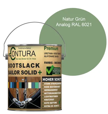 Produktbild von Contura Bootslack 2,5Liter. Farbig Glänzend Yacht- Buntlack Metall Holz GFK Holzlack Schiffslack RAL Boot - Natur Grün - RAL 6021 Analog