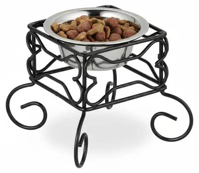 Image de Gamelle pour chien Relaxdays, support surélevé, capacité 300 ml, fer et acier inoxydable, H x L x P : 15,5 x 18 x 18 cm, noir/argent