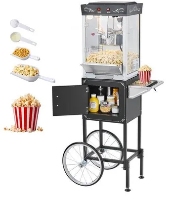 Image de Machine à pop-corn 800W, Machine à pop-corn commerciale avec chaudière & chariot, 48 tasses par charge,à 2 boutons, paroi en verre, porte PC, kit d'accessoires - 1 portionneur & 3 cuillères, noir