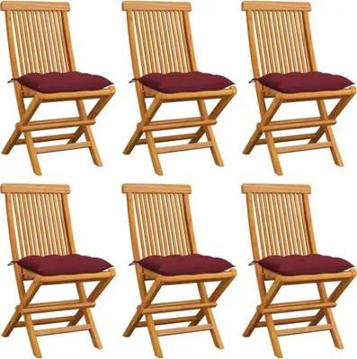 Produktbild von Gartenstühle mit Weinroten Kissen 6 Stk. Massivholz Teak