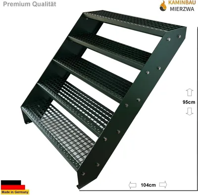 A dark green metal staircase with five steps, shown from a diagonal angle against a white background. Dimensions are indicated with arrows and numbers.