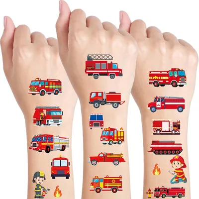 Immagine prodotto di Tatuaggi temporanei a tema vigili del fuoco, confezione da 10 fogli, con 80 disegni diversi, ideali per feste di compleanno per bambini
