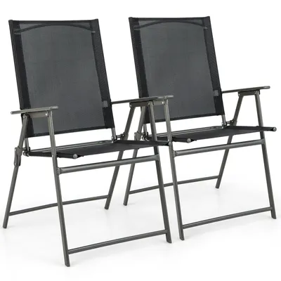 Two black folding garden chairs with gray metal frames are shown against a white background.