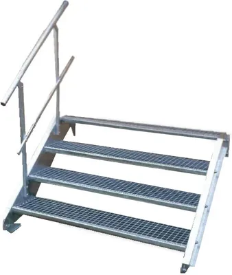 A metal staircase with four steps and a handrail, shown against a white background.