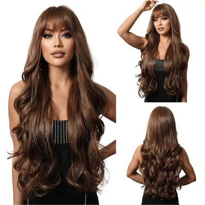 Produktbild von 75cm Natürliche Lange Gewellt Lockig Wellig mit Pony, Ombre Haar Synthetische Perücken für Frauen,Dunkelbraun