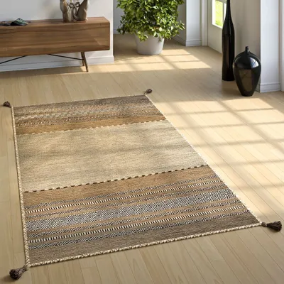 Produktbild von Wohnzimmer Natur Teppich m. Fransen, Handgewebter Muster Kelim, 100% Baumwolle Grösse 60x110 cm