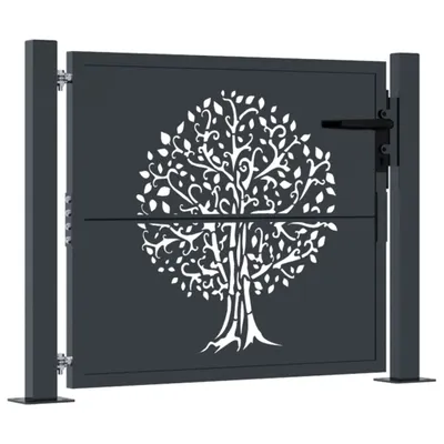 A dark gray garden gate with a white tree design cut out of it, shown in front of a white background.