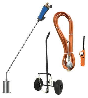 Image de Desherbeur thermique + Tuyau gaz 5m, Détendeur propane, Allume gaz & Chariot à roues - Bruleur gaz 60mm Mauvaises Herbes KEMPER