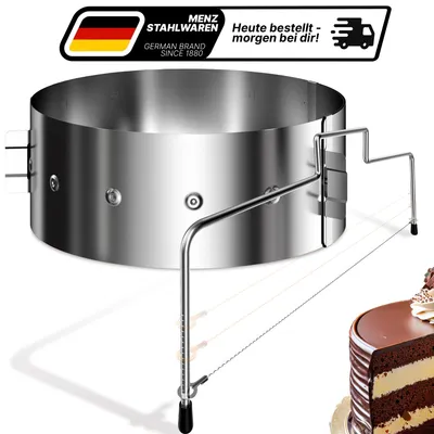 Produktbild von Lindenstein Tortenring verstellbar 8,5 cm hoch + Tortenschneider – 2-teiliges Edelstahl Backzubehör-Set, Kuchenring Ø 16–30 cm für Schichttorten