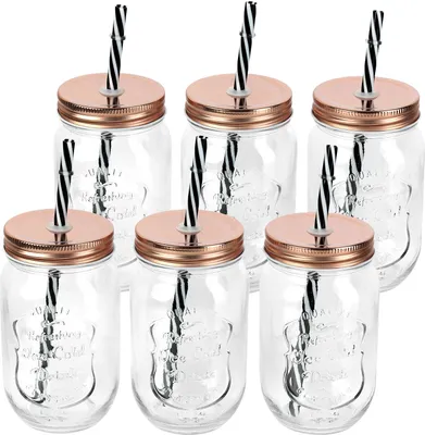Produktbild von Schramm® 6 Stück Trinkgläser 500 ml mit Strohhalm wiederverwendbar Glas Gläser Einmachgläser mit 12 Deckeln wählbar in silber, bronze, schwarz und bunt Aufbewahrungsglas, Farbe:bronze