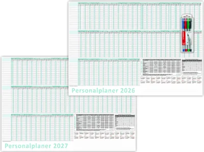 Produktbild von Urlaubsplaner/Personalplaner 2026 + 2027 nass abwischbar mit Folienkaschierung inkl. Stifteset - DIN B1 Format (700 x 500mm) 22 Mitarbeiter Januar bis März Folgejahr mit Schulferien (gerollt!)
