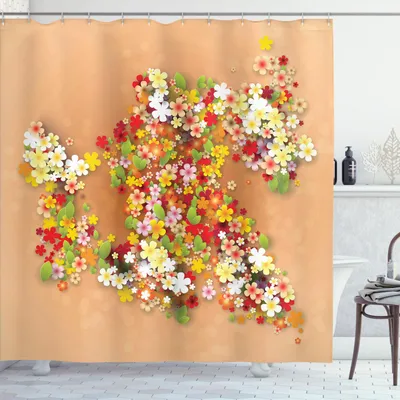 Immagine prodotto di ABAKUHAUS Tenda da doccia con fiori, bandiera promozionale per la stagione estiva con fiori di carta e cornice nera, 175 x 180 cm, arancione, rosso e bianco