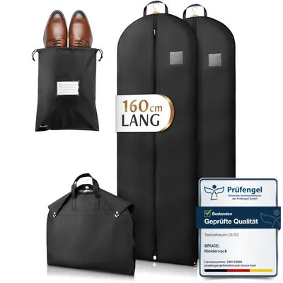 Produktbild von Bruce.® 2x Premium Kleidersack Lang 160 cm x 60 cm inkl. 1x Schuhbeutel, Hochwertige Kleiderhülle für Mäntel, Jacken, Kleider & Anzug, Atmungsaktiv