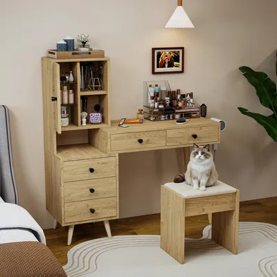 Immagine prodotto di Tavolino da trucco MODFU con specchio e sgabello, comò da trucco con 5 cassetti, tavolino da trucco con piano regolabile, colore naturale e beige