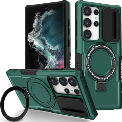 Produktbild von Handyhülle für Samsung Galaxy S22 Ultra 5G Kompatibel mit MagSafe, Robuste Hülle mit Schiebe Kamera Schutz, Magnetischer Ringständer Dunkelgrün